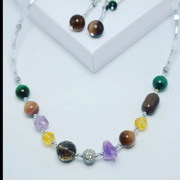 Mixed Natural Crystals , Zirconia charm necklace and earrings set - Picture 4 of 4